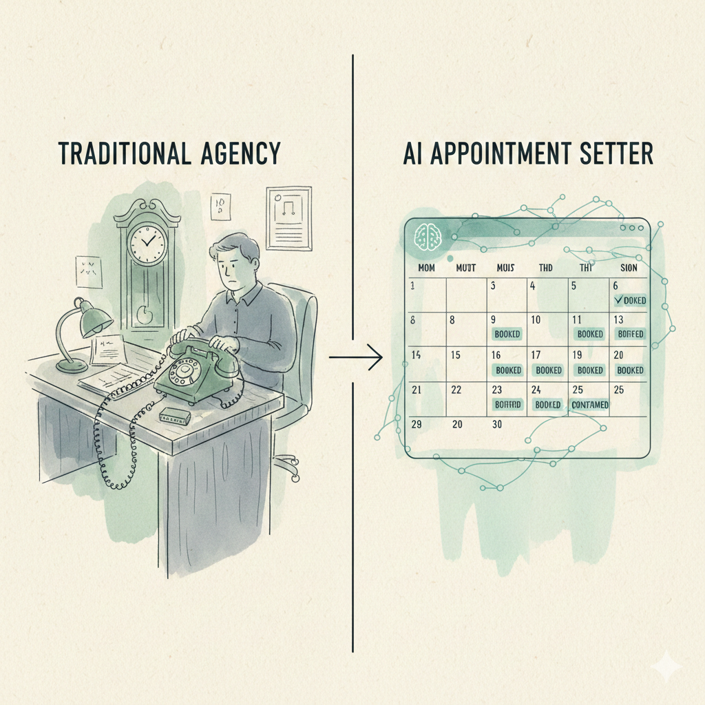 Split-screen comparison of AI appointment setter versus traditional agency showing booking rates and cost per meeting